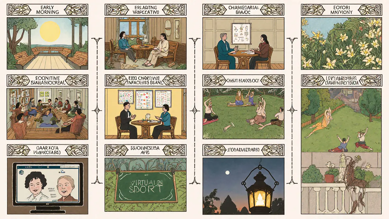 Ilustrace denního rozvrhu: meditace, terapie, skupinová práce, sport a videohovor s rodinou.