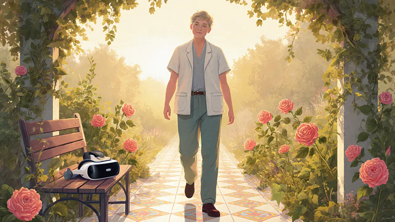 Pacient odchází z terapie do rozkvetlé zahrady, slunečné světlo vyjadřuje úlevu.