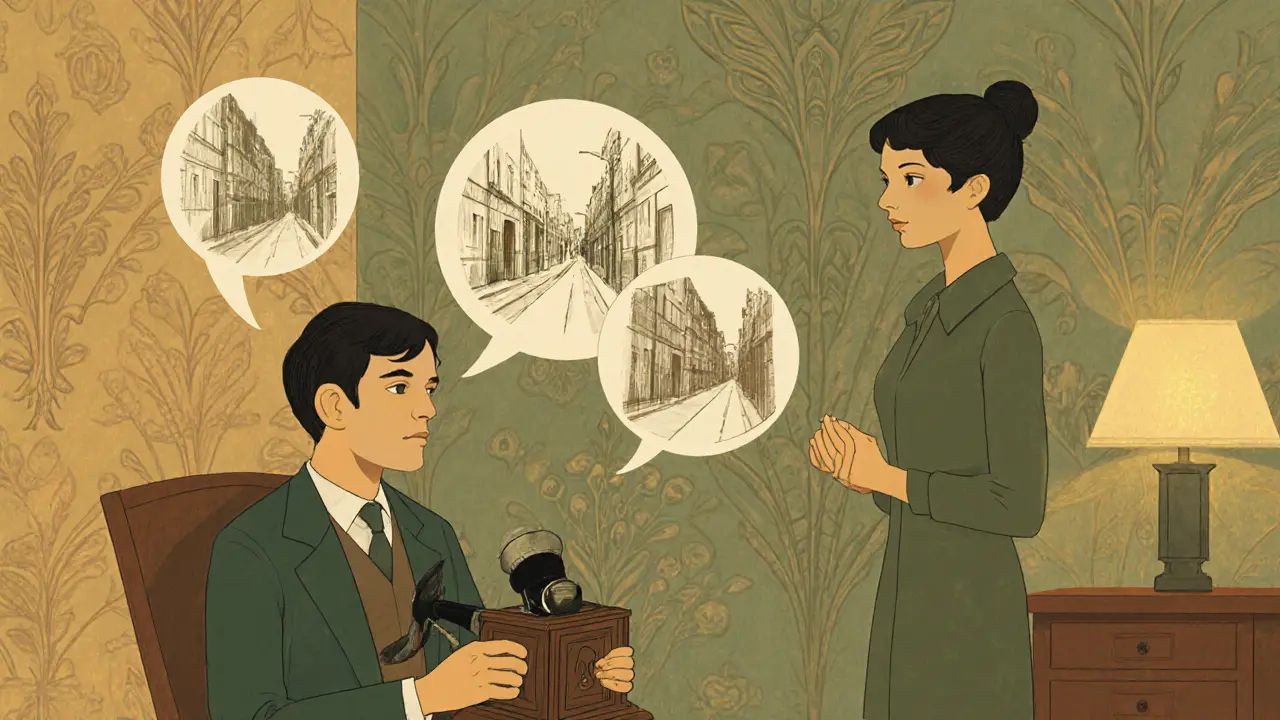 Pacient popisuje traumatickou vzpomínku před nahrávacím zařízením, terapeut ho podporuje.