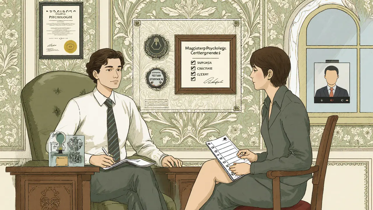 Terapeutická místnost s diplomy, certifikáty a klientem s dotazníkem, kresba Arts a Crafts.