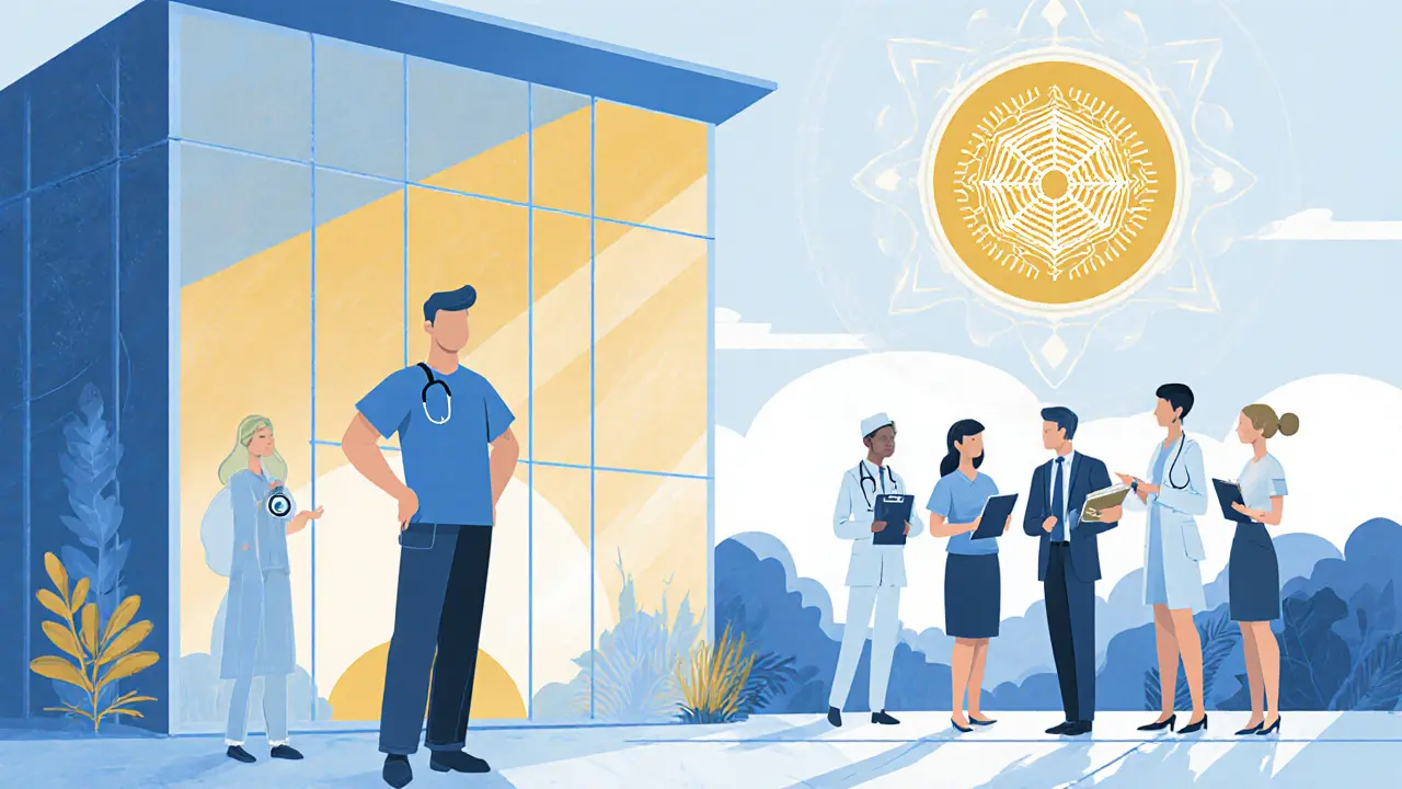 Tým specialistů s AI asistentem a spokojený pacient odcházející po úspěšné léčbě.