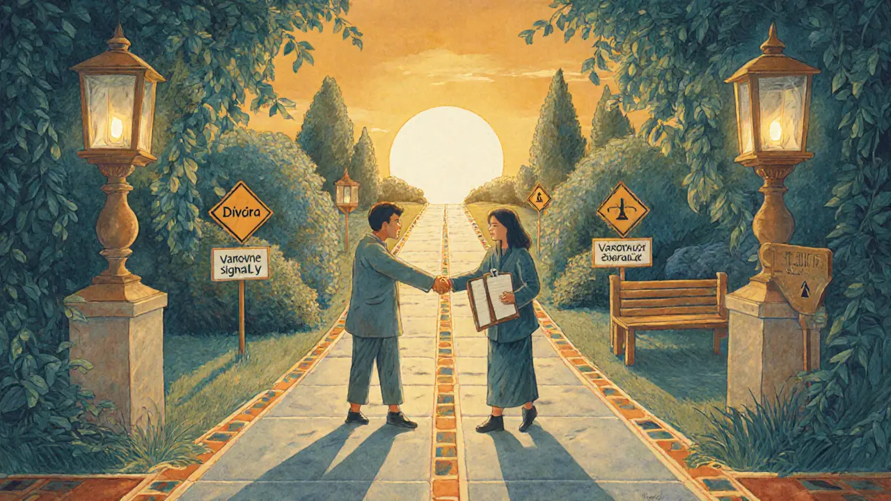 Zahradní křižovatka s cestou k východu slunce, podání ruky a varovné značky, styl Arts a Crafts.