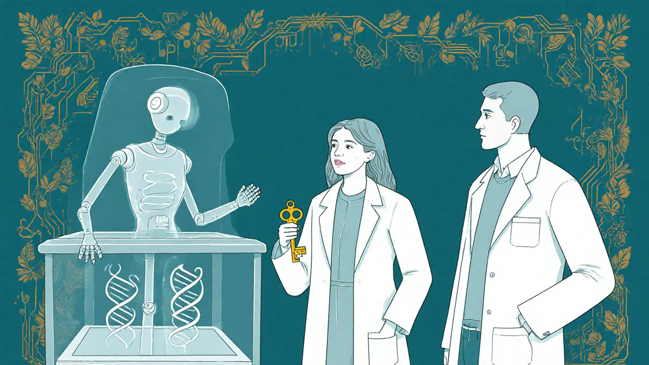 Budoucí klinické prostředí s AI a genetickým motivem v ornamentálním Arts and Crafts ztvárnění.