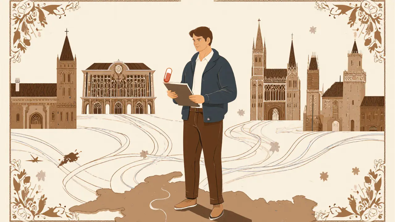 Dospělý na mapě Česka s notesem a pilulkou, v pozadí moderní léčebná centra, motiv Arts and Crafts.