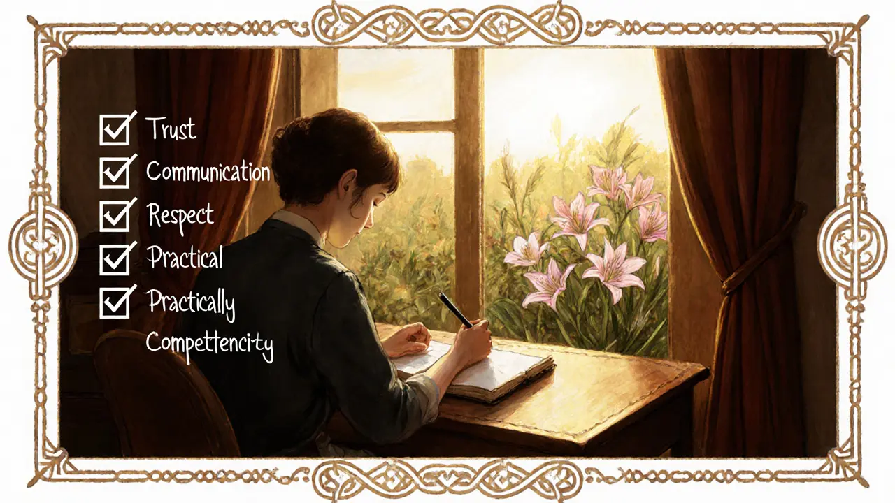 Klient po sezení píše poznámky do deníku u okna, sluneční světlo a květinová zahrada.