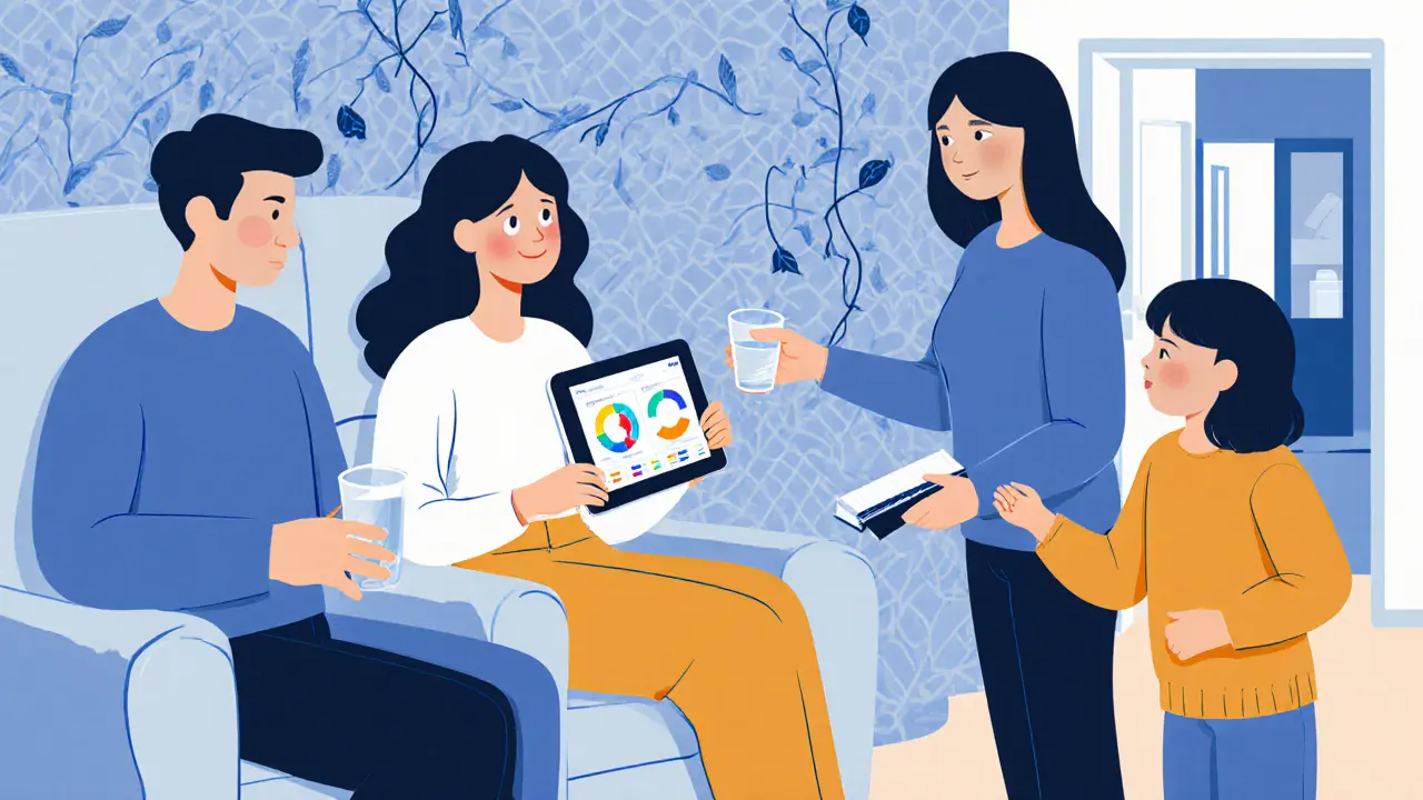 Rodina pomáhá pacientce sledovat stav pomocí tabletu.