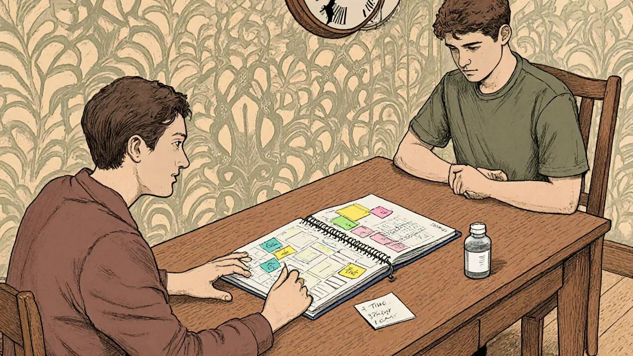 Terapeut a pacient během sezení KBT s plánovačem, na stole stojí láhev stimulantů, styl Arts and Crafts.