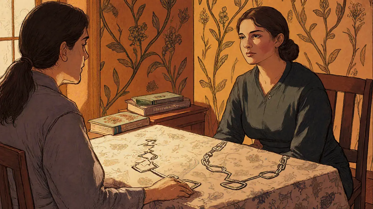 Terapeut a pacient při CBT se symbolickým rozbitým řetězem myšlenek v stylu Arts and Crafts.