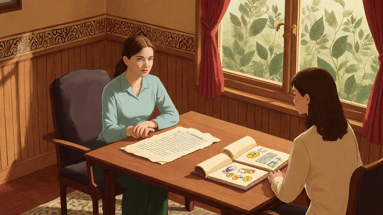 Terapeut a pacientka probírají smlouvu a deník.