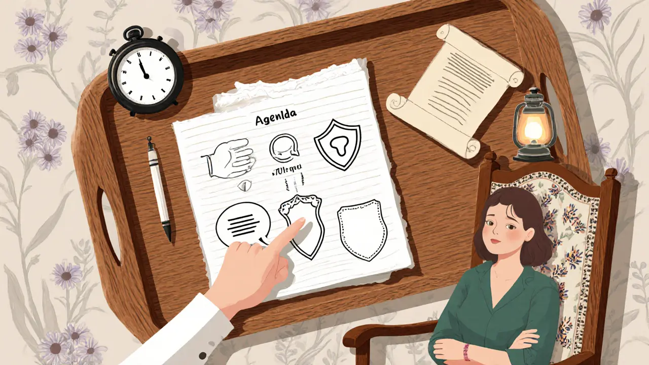 Terapeut ukazuje ikony na dřevěné tácy – důvěra, otázky, bezpečí, transparentnost, během sezení.