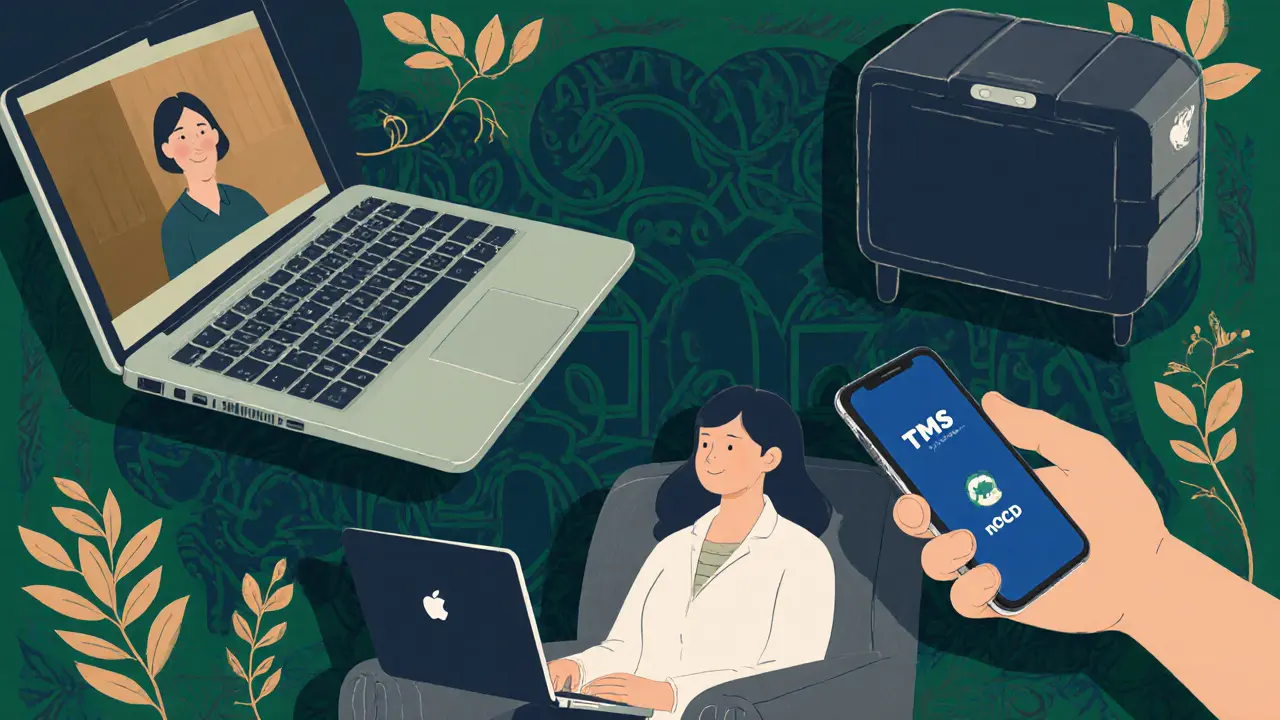 Kombinace terapie, TMS zařízení a aplikace nOCD v rukou pacienta, symbolizující budoucnost léčby.