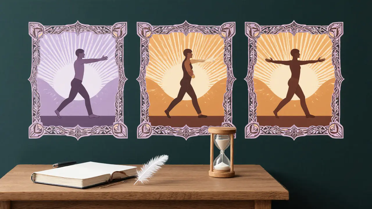 Postupná rutina všímavého pohybu – deník, časová osa cvičení a rostoucí sluneční motivy.