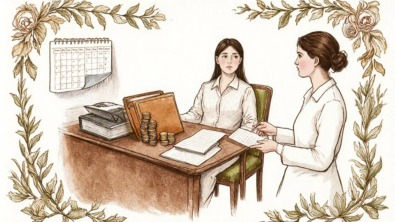 Terapeut a klient během první sezení, na stole dokumenty a peníze ukazující ceny.