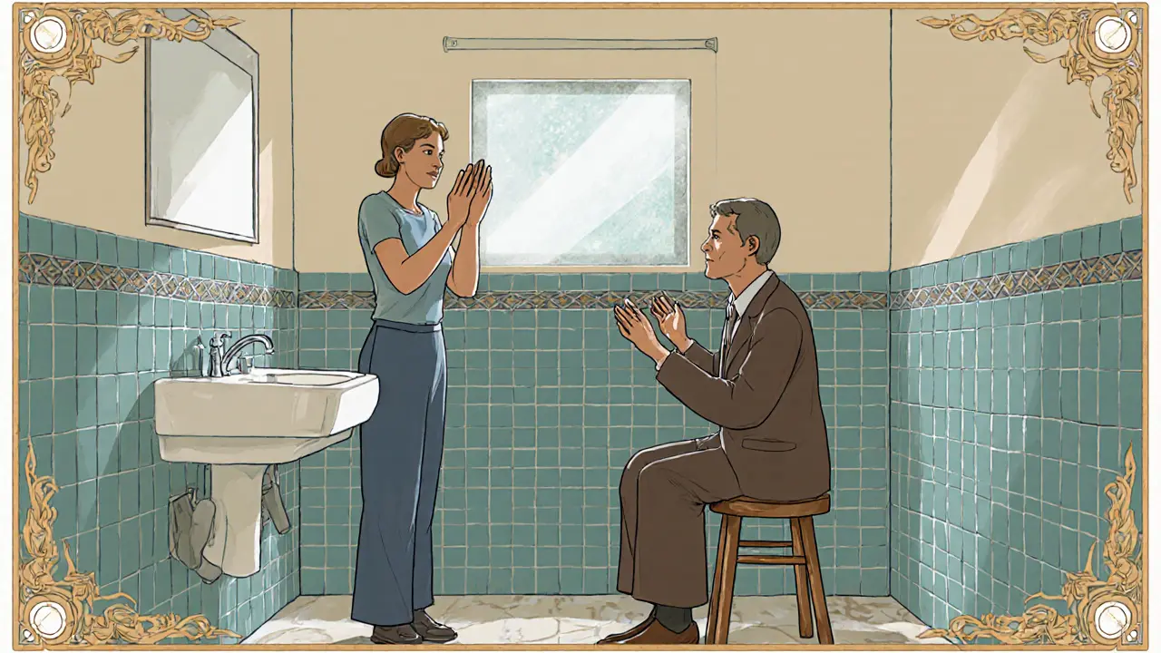 Terapeut a pacient při postupné expozici v veřejné toaletě, podpora a klidná atmosféra.