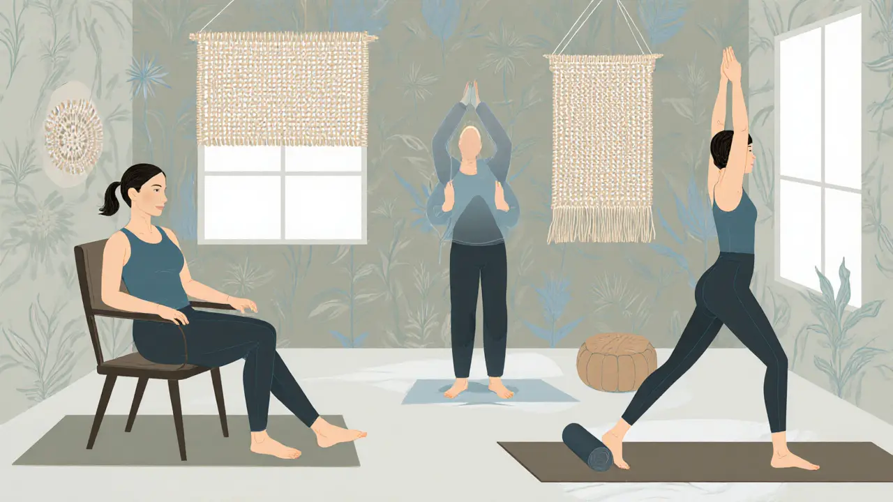 Tři lidé vykonávají jemnou jógu: na židli, Jin jóga a somatická jóga, ve stylizovaném studiu.