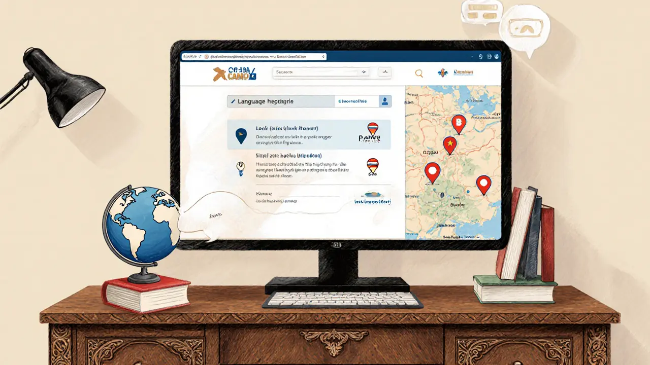 Ukázka webové stránky s filtry jazyka a mapou ČR s vyznačenými terapeutickými lokacemi.