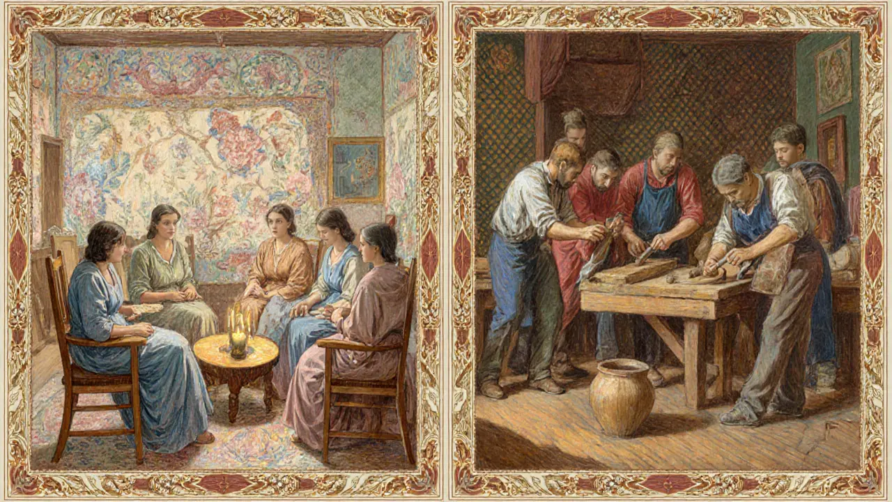 Ženská terapie s otevřeným kruhem a muži při sportovní aktivitě v samostatných skupinách.