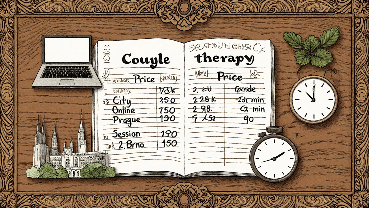 Dřevěný stůl s rozpisem cen, ikony pro online a městské siluety, ozdobný rámeček.