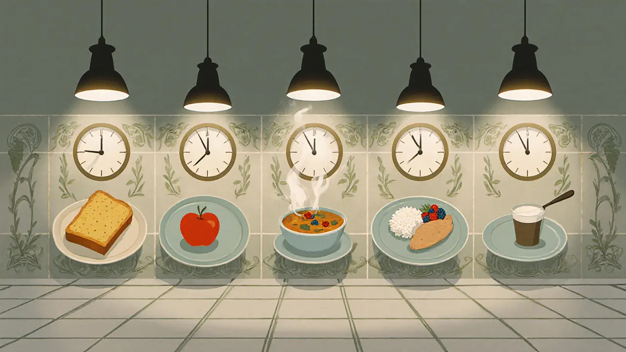 Ilustrace denního rozvrhu pěti jídel s vyváženými talíři a symbolickými hodinami.