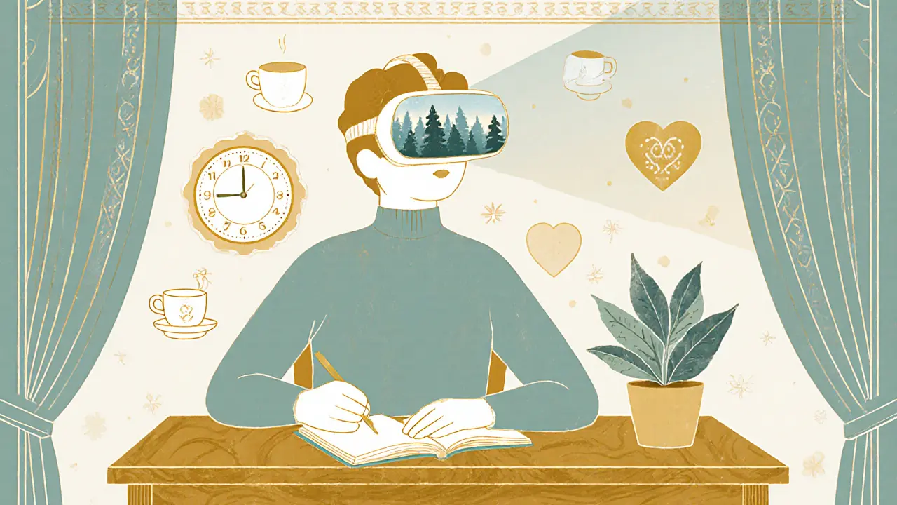 Osoba cvičí dýchání, zapisuje do deníku, nosí VR headset, obklopena symboly seberozvoje.