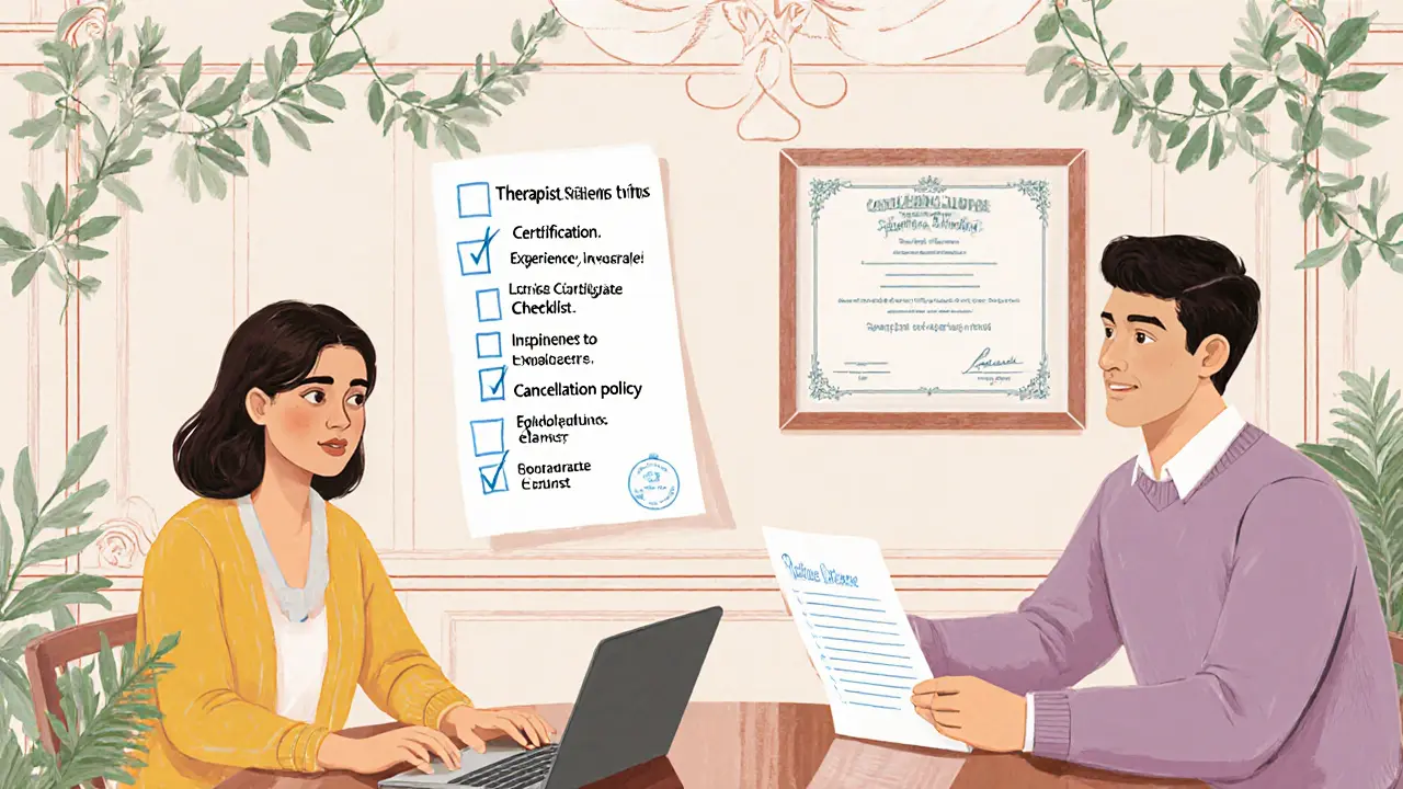 Pár u laptopu a tištěných materiálů, kontrolní seznam a certifikát na zdi, klidná atmosféra.