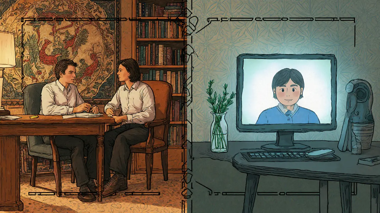 Porovnání osobní a online terapie v útulném prostoru s terapeutem.