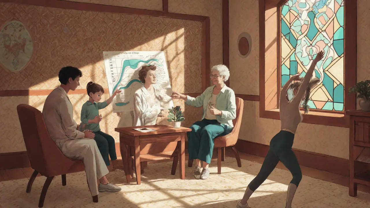 Revizní schůzka po šesti týdnech, zahrnující terapeutický rozhovor a lehké cvičení.