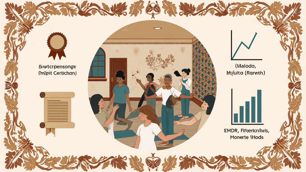 Skupinová lekce kombinující Somatic Experiencing a jógu v ČR, s motivy certifikace a růstu trhu.