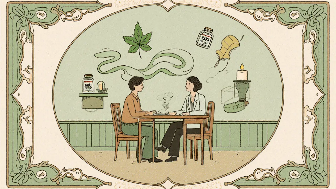 Terapeutická místnost s pacientem, terapeutem, ikonami terapie, dýchání a SSRI lahvičkami.