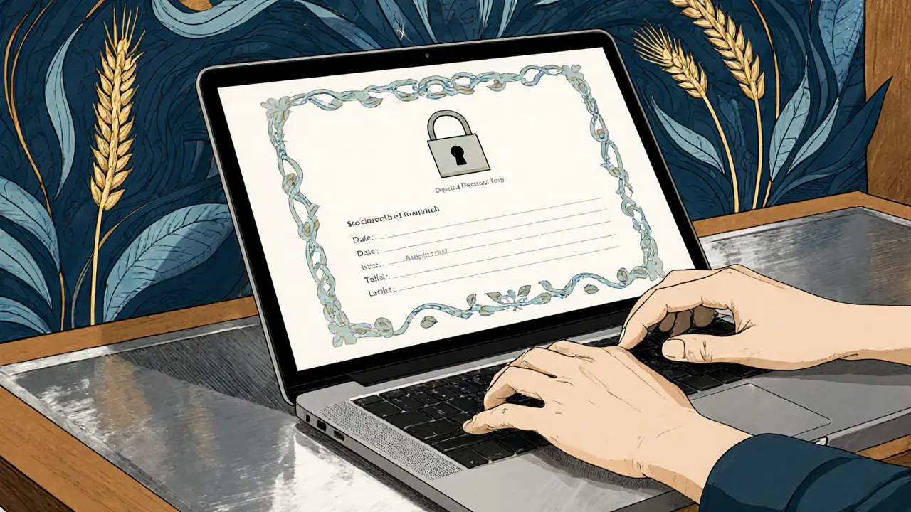 Digitální záznam terapie na zabezpečeném počítači obklopený uměleckými vzory Arts & Crafts.