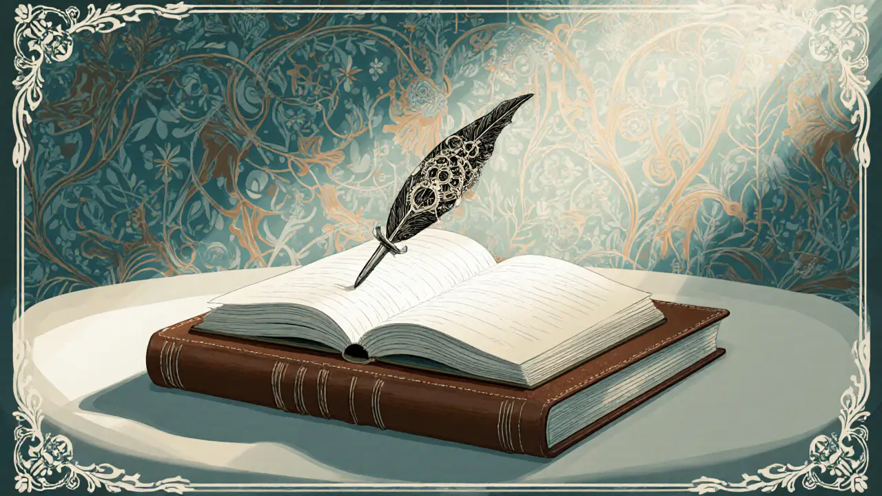 Futuristický AI asistent pomáhá vyplňovat terapie v elegantním stylu Arts a Crafts.