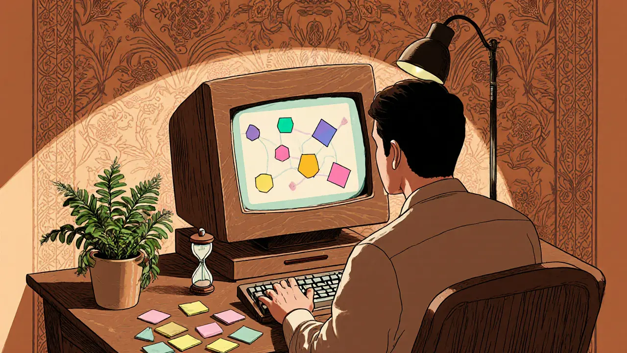 Ilustrace pracovního stolu s laptopem, připomínkami a písečným časomírem během tréninku.