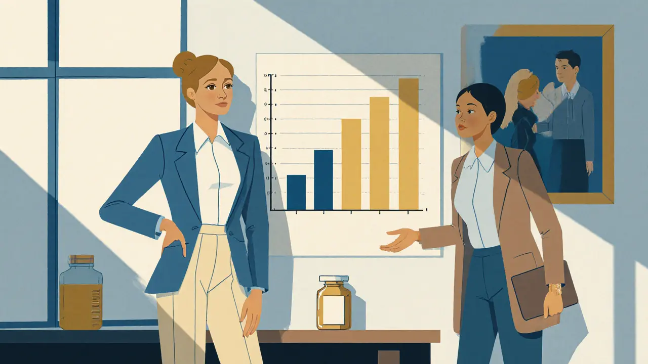 Ilustrace ženy v kanceláři s grafem pokroku a sníženou láhev léků.