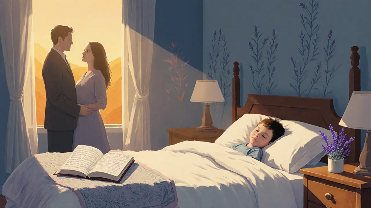 Klidně spící dítě v pokoji s ranním světlem, rodiče spokojeně přihlížejí.