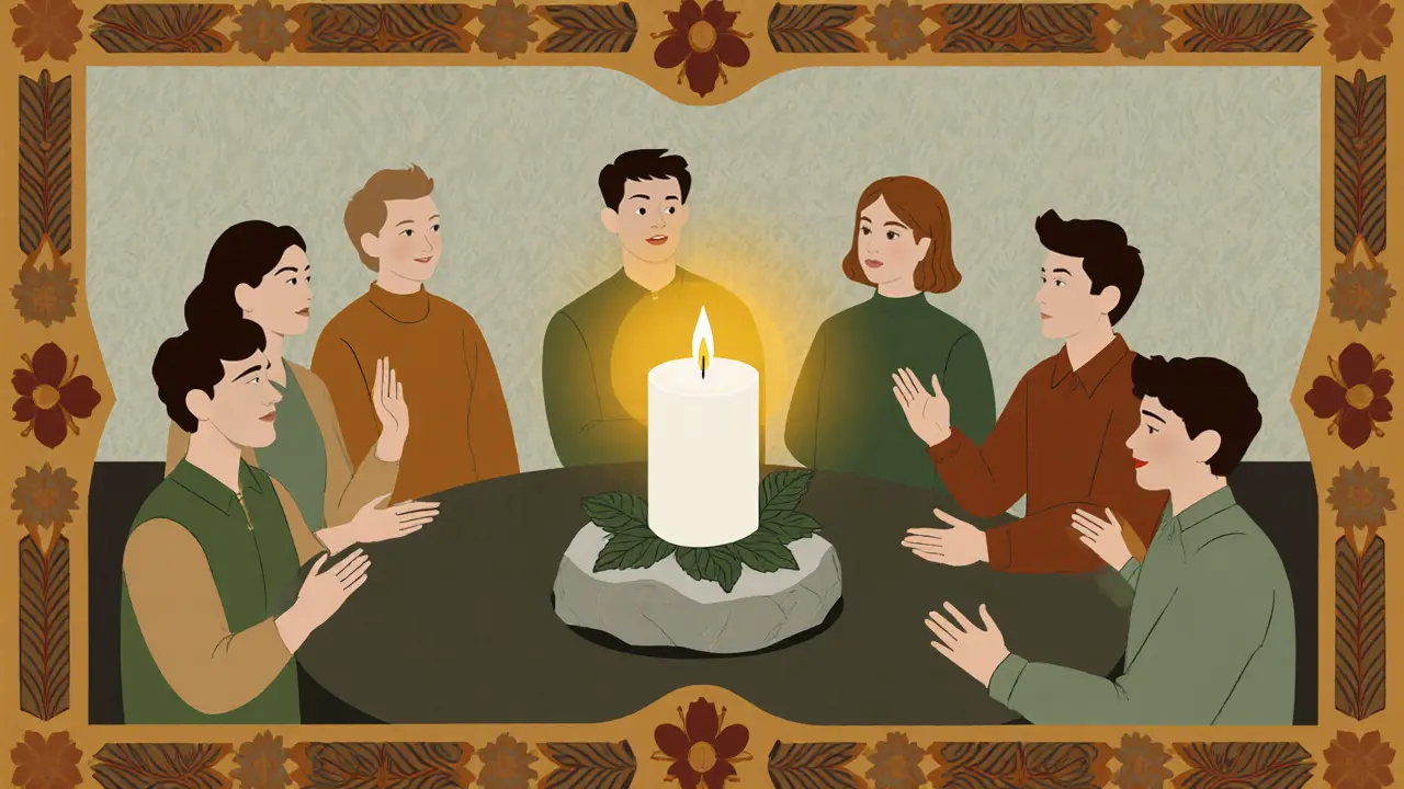 Kruhové sdílení účastníků kolem svíčky na digitálním oltáři s ornamentálním okrajem.