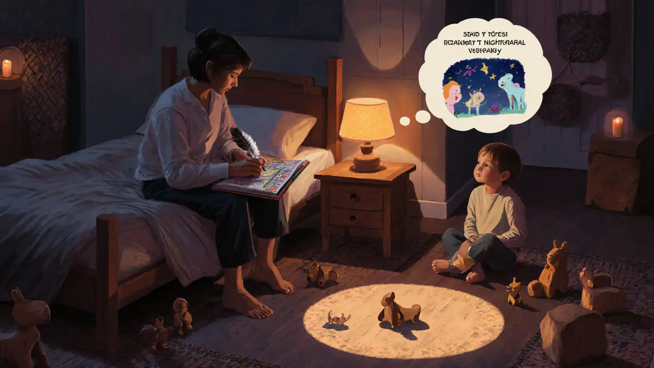 Rodič s noční lampičkou a deníkem uklidňuje dítě během terapie snů.