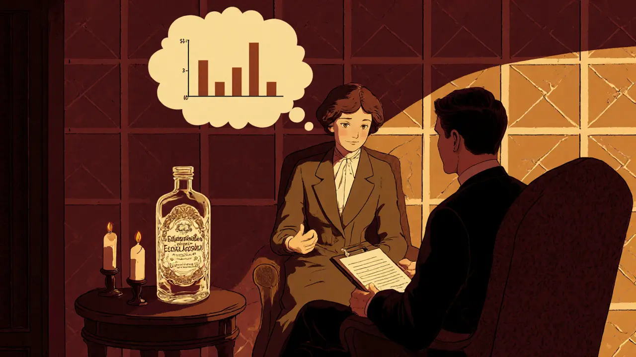 Terapeut a pacient v útulné místnosti, vedle skleněné lahvičky léku, zobrazují účinnost psychoterapie.