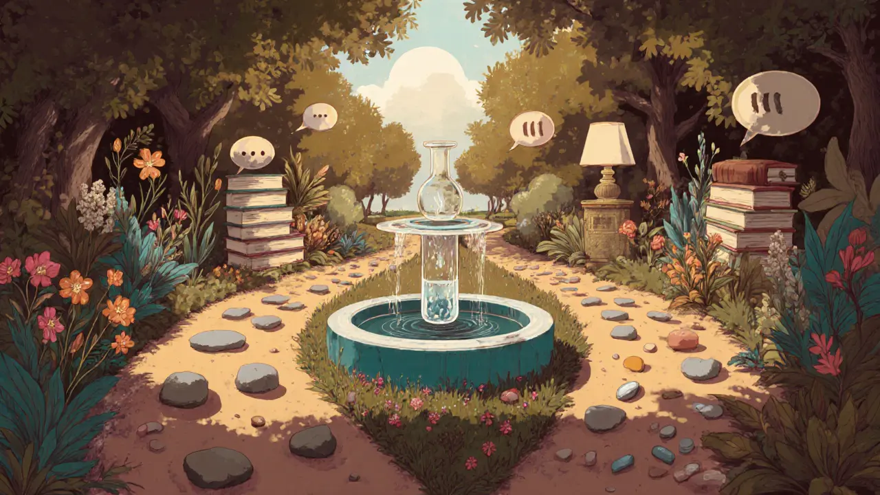 Zahrada, kde se setkávají stezky s bylinkami a knihami, fontána uprostřed představuje kombinovanou léčbu.