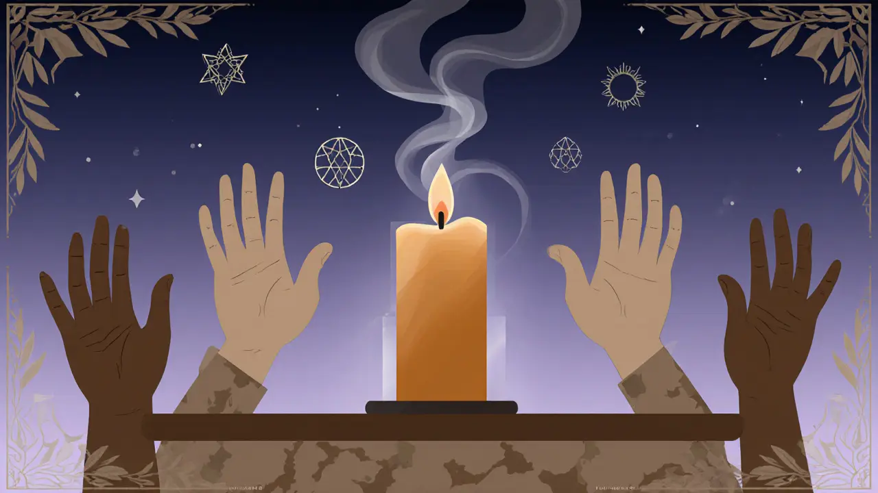 Zakončení setkání – vyhasínající svíčka, zvednuté ruce a jemné holografické symboly.