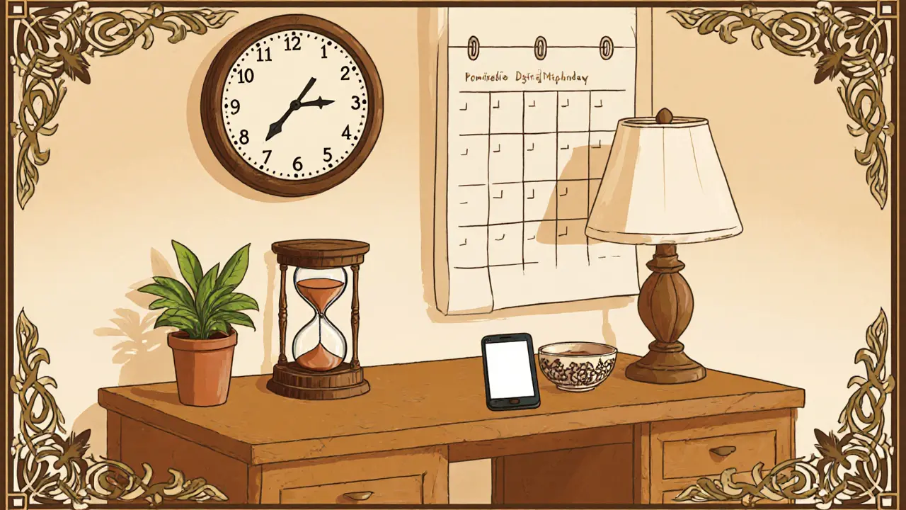 Domácí kancelář s hodinami, rostlinou a vypnutým telefonem, ukazující techniky pro rovnováhu.
