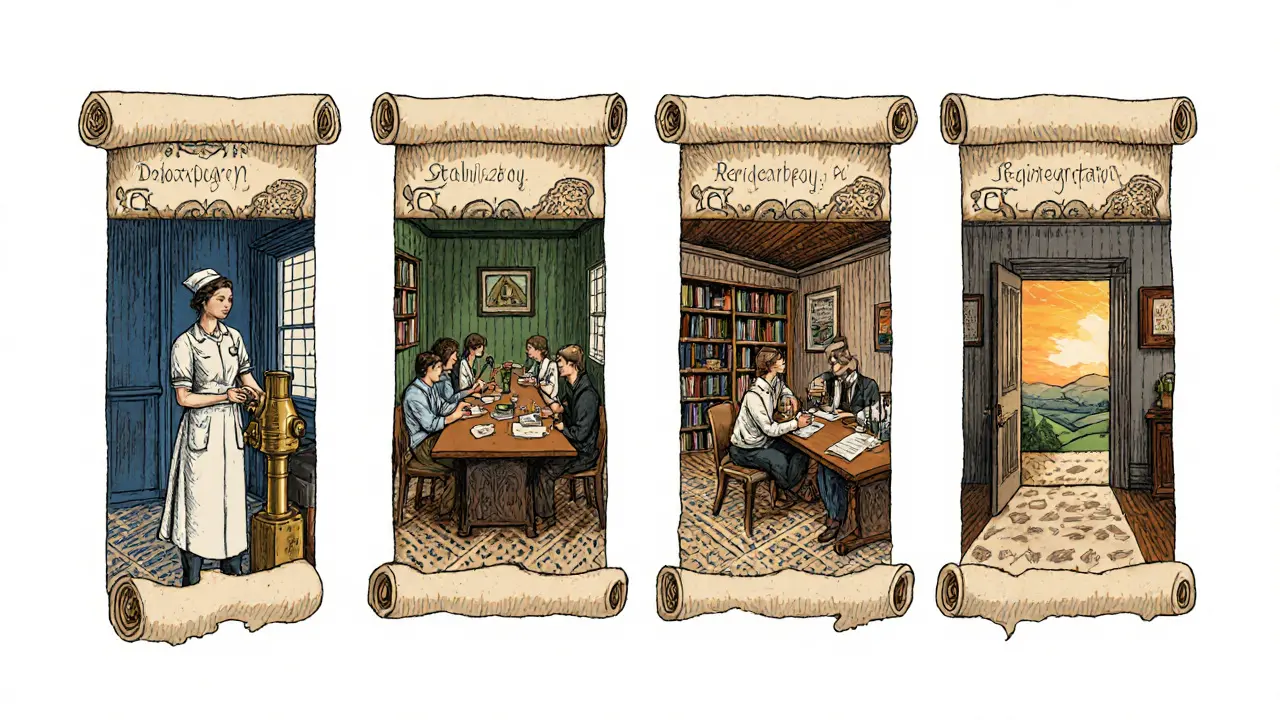 Ilustrace čtyř fází rezidenčního programu: detoxikace, stabilizace, terapie, příprava na návrat.