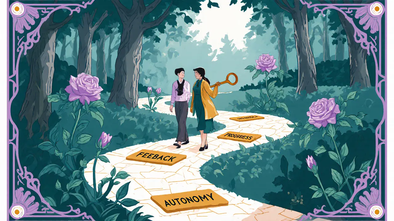 Klient kráčí po zahradní stezce k seberealizaci, doprovázen podporou terapeuta.