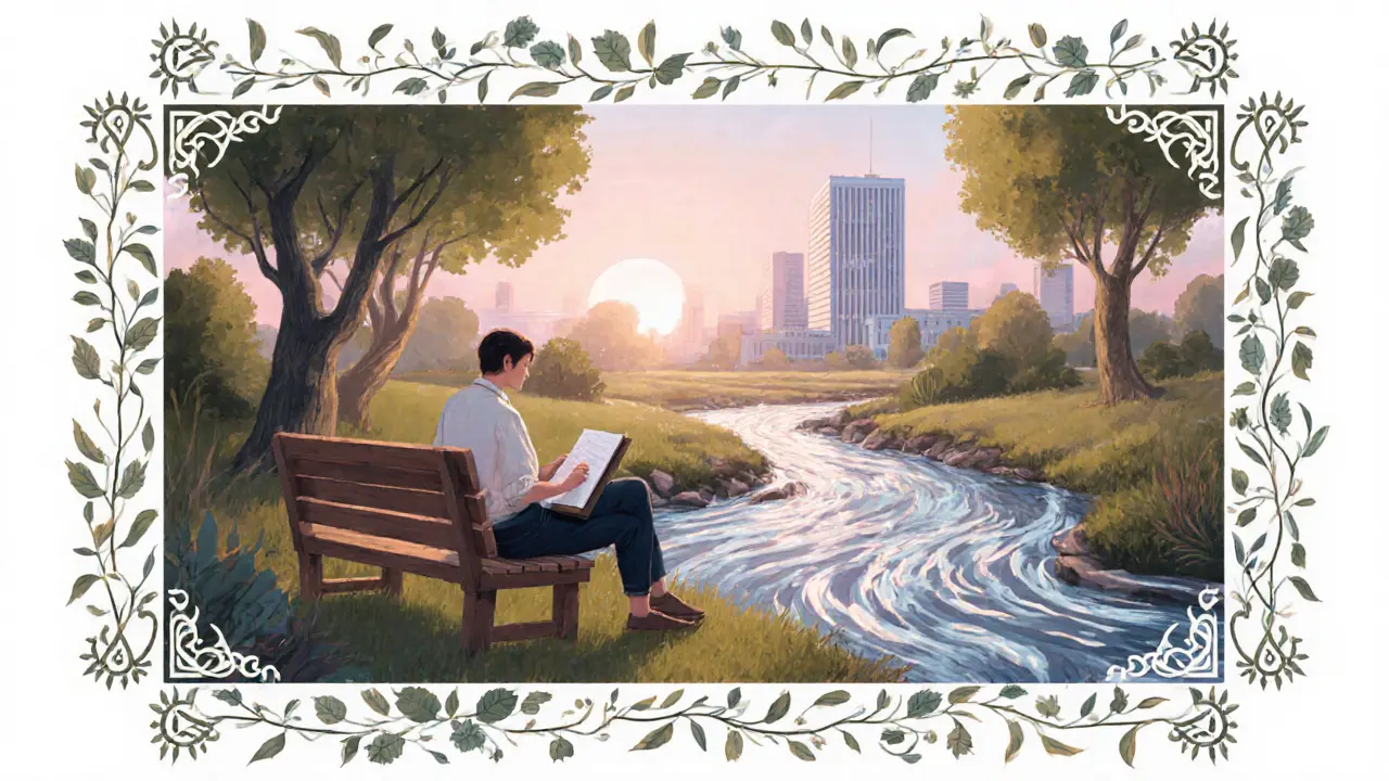 Osoba odpočívá na lavičce u řeky, s kanceláří v dálce, symbolizuje zdravou rovnováhu.