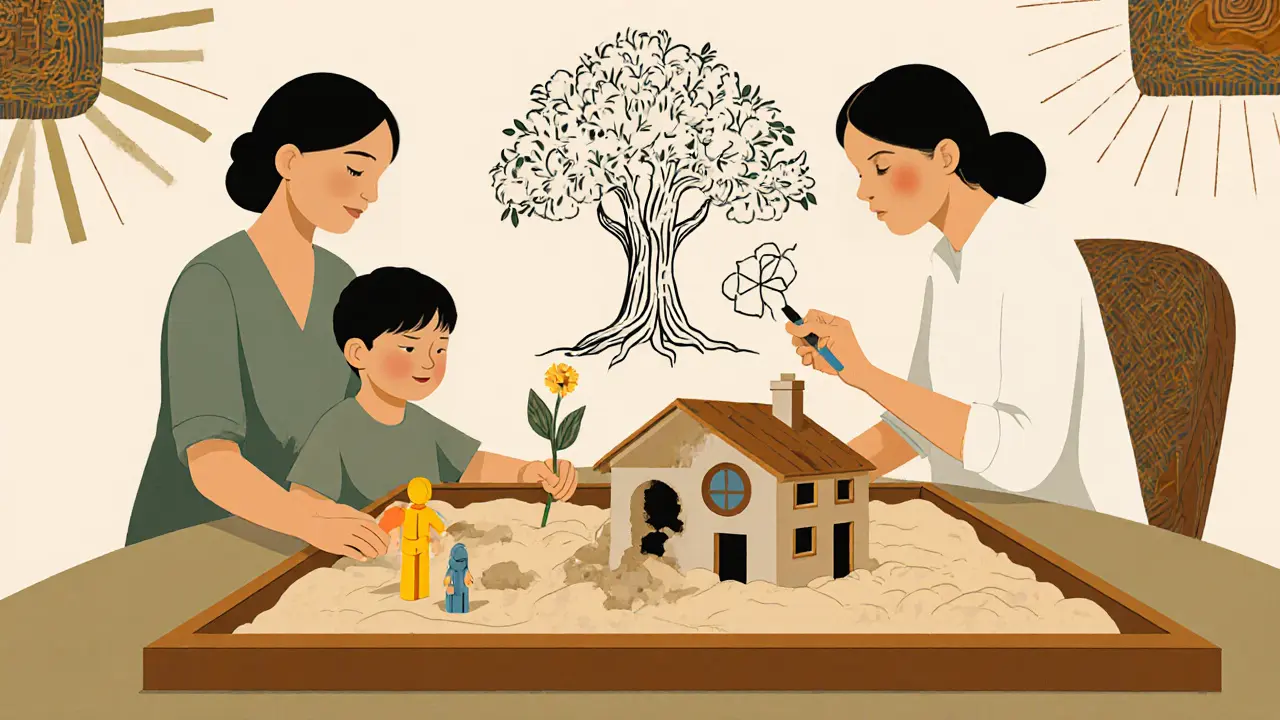 Rodina a terapeut společně staví scénu v písku, symbolizující budoucí integraci.