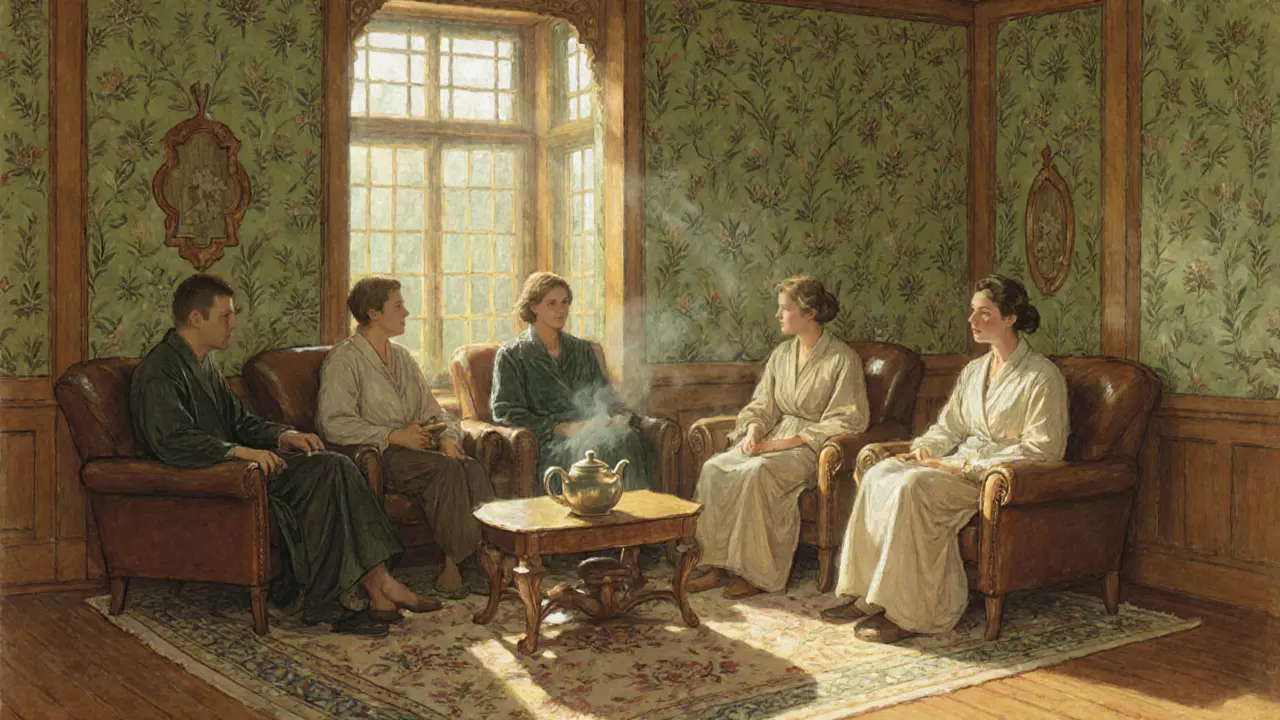 Skupinová terapie s dvěma muži a několika ženami, ručně vyřezávané dřevěné panely.