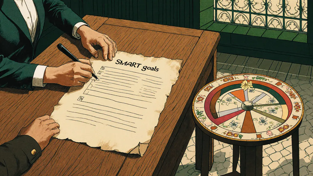 Společné stanovování SMART cílů a vizuální zpětná vazba na dřevěném stole.