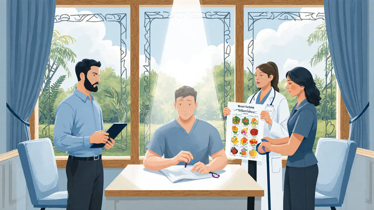 Sportovec konzultuje s psychiatrem, výživovým specialistou a fyzioterapeutem v moderní klinice.