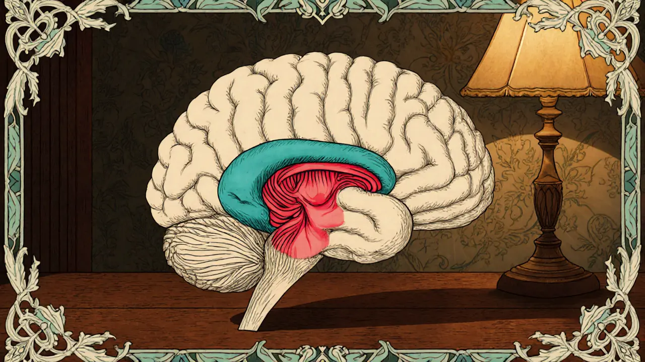 Stylizovaný mozek s malým hippocampem a zářivou amygdalou, obklopený květinovými motivy.