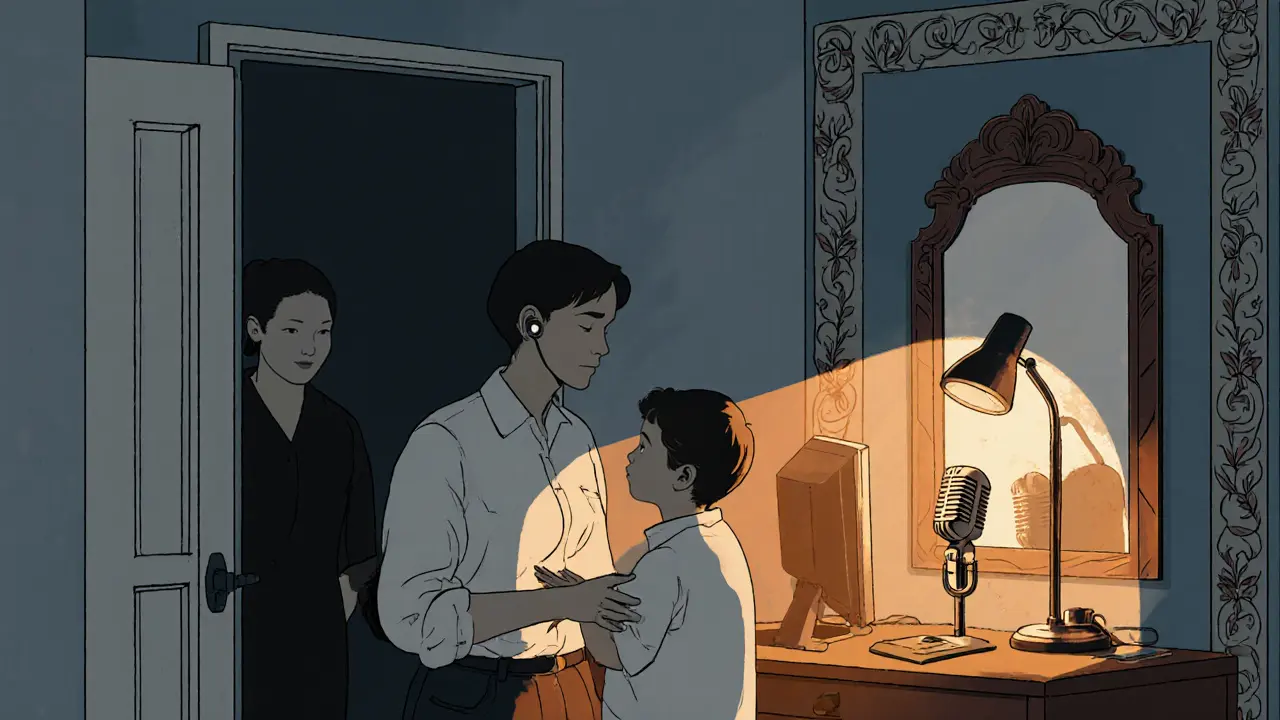 Terapeut šeptá instrukce rodiči přes sluchátko během interakce.