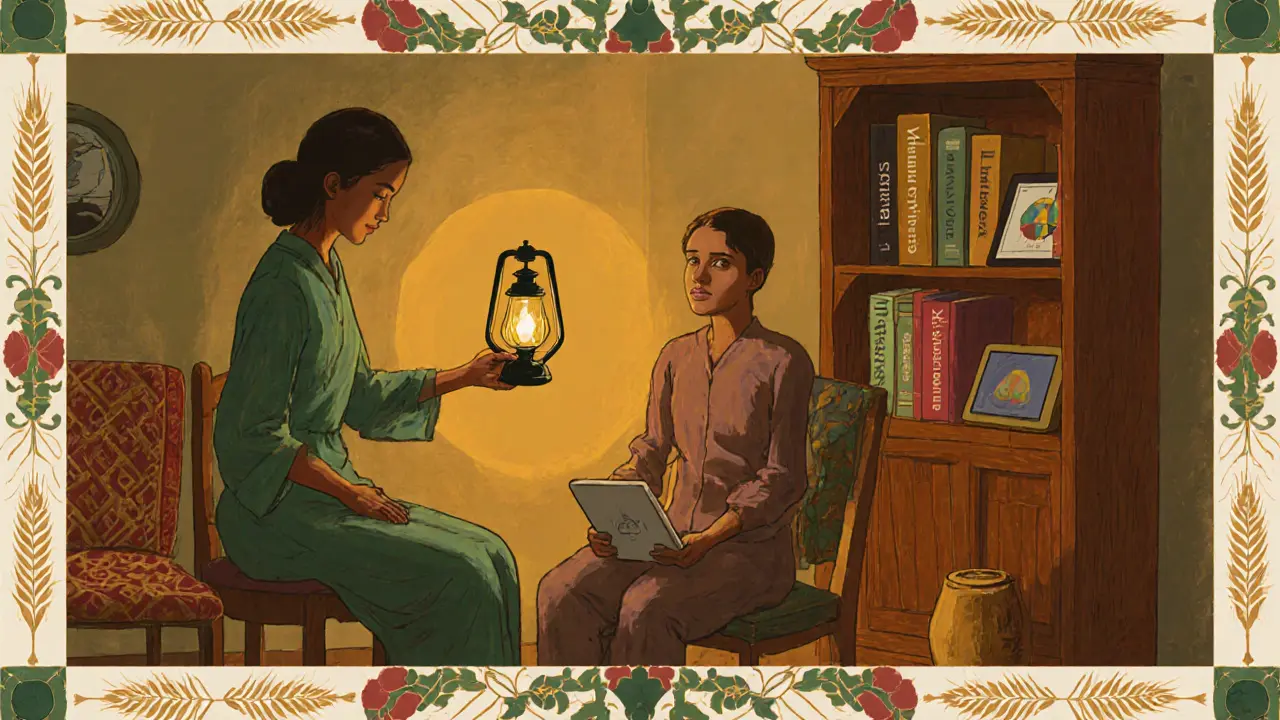 Terapeutické sezení s EMDR, CBT a technologií v útulném, řemeslně zdobeném prostoru.